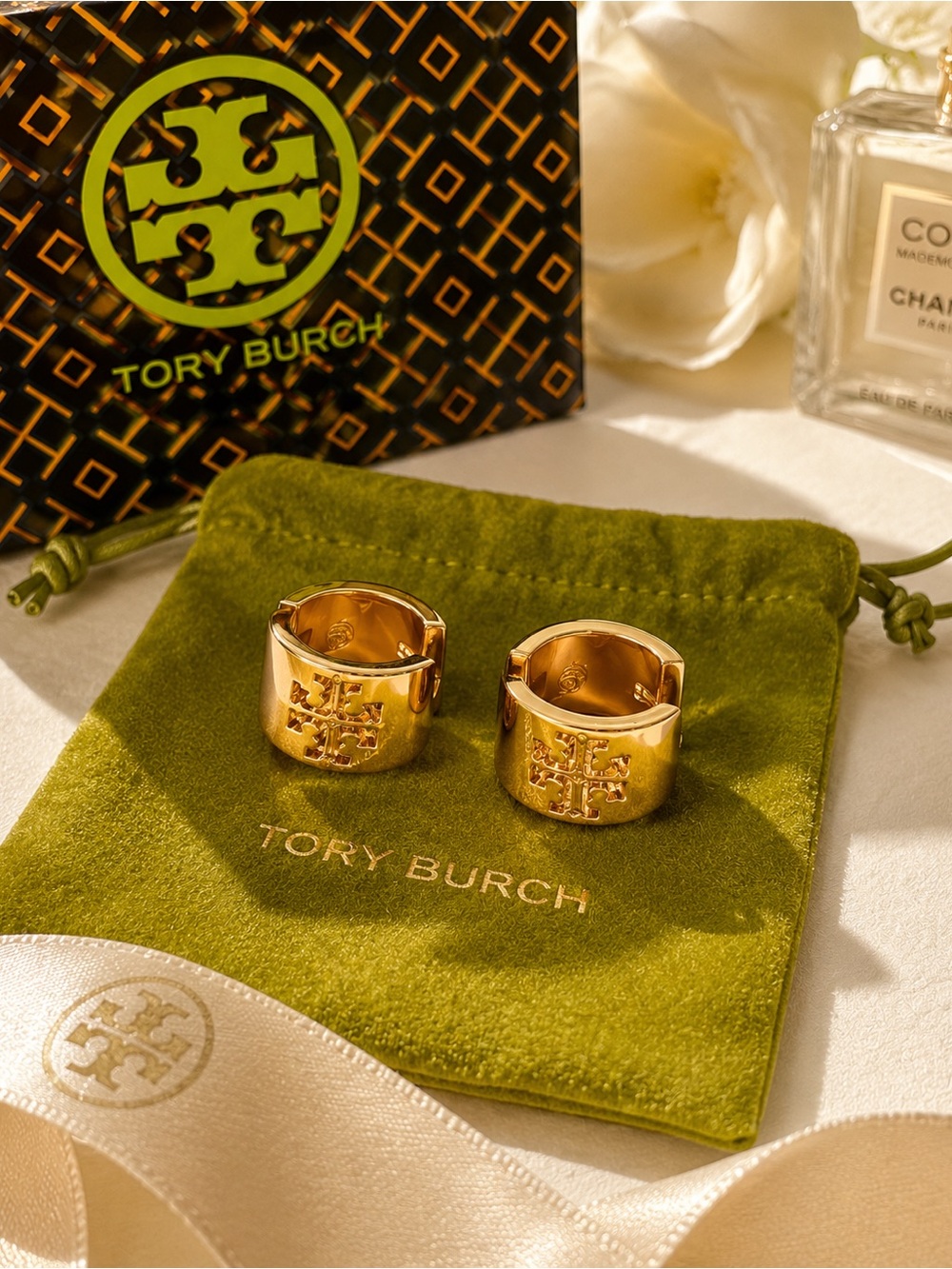 Tory Burch Gold-Tone Logo Huggie Hoop Earrings 💛